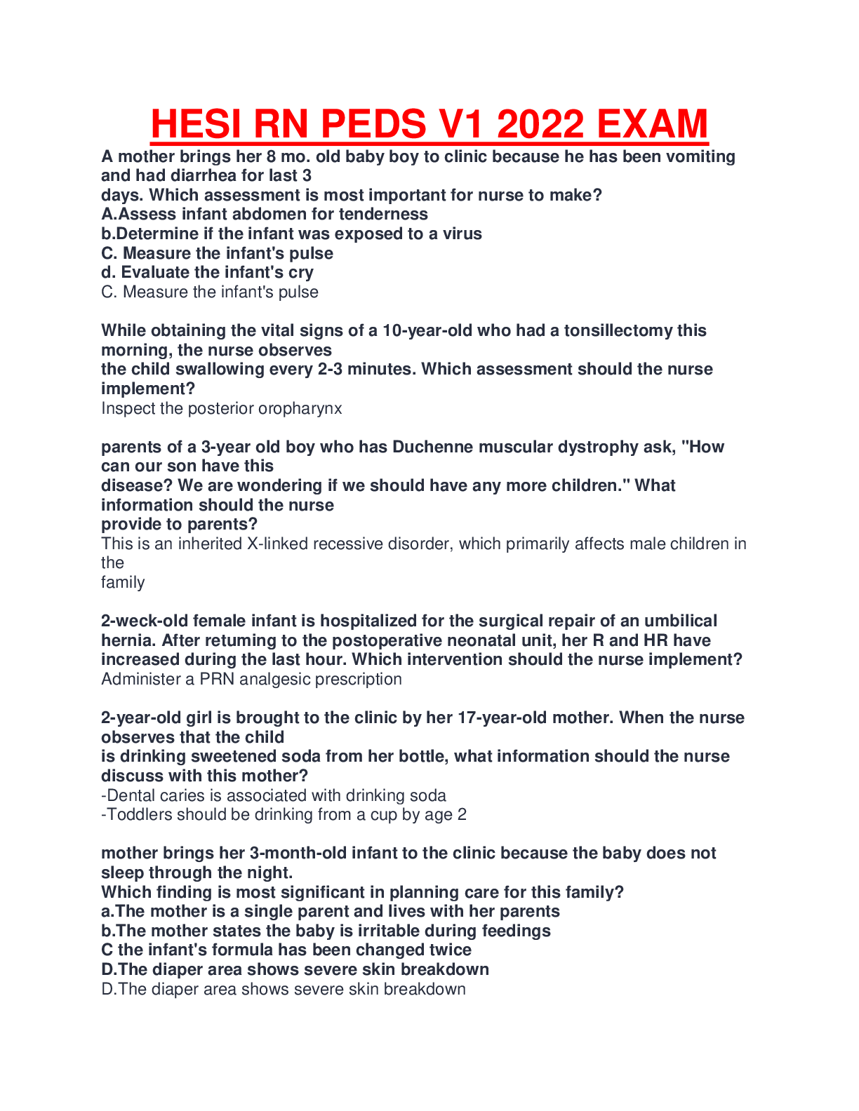 HESI RN PEDS V1 2022 EXAM VERIFIED AND RATED TOP,DOWN;OAD FOR TOTAL SATISFACTION. Browsegrades